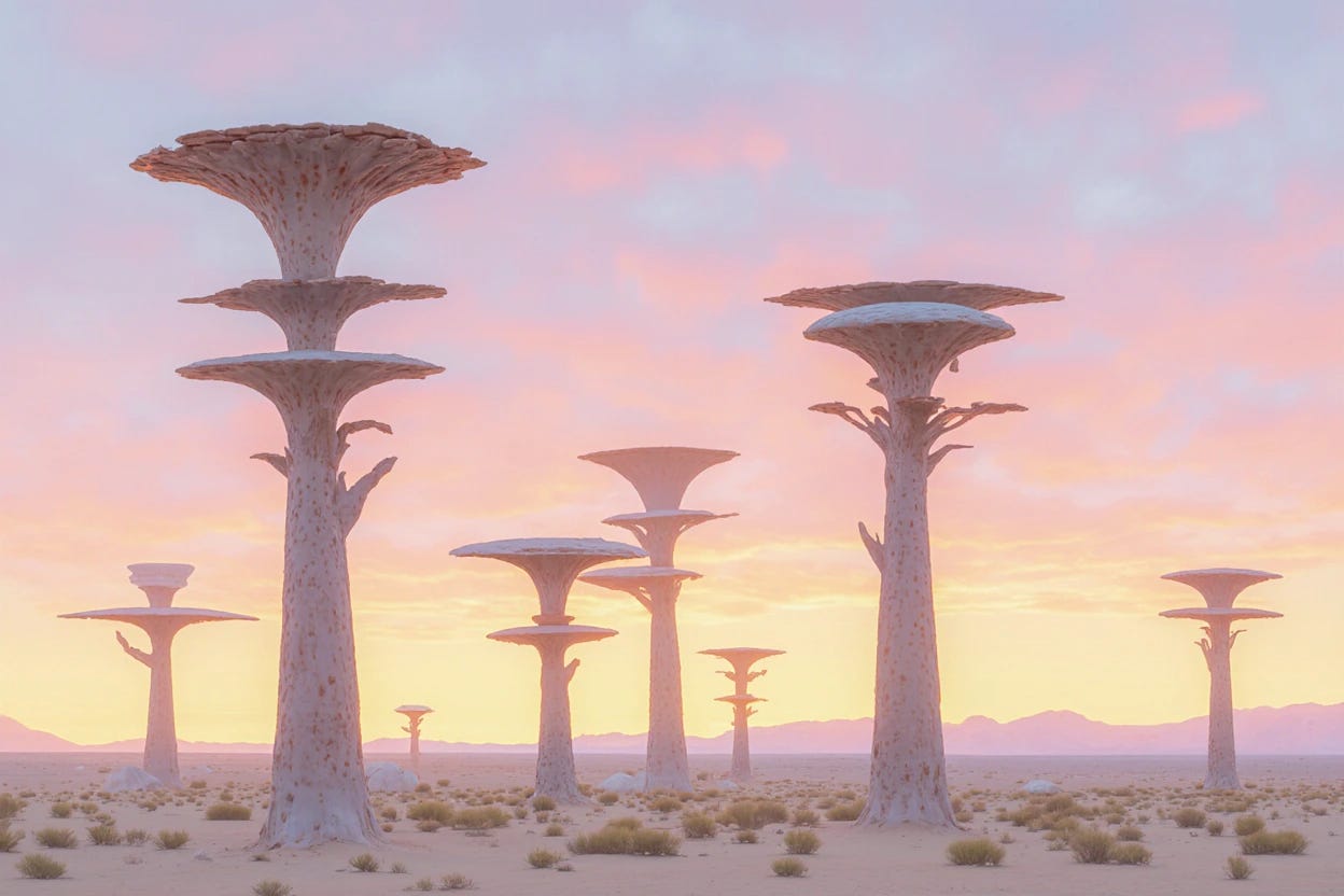 "Surrealist drawing of a dreamlike desert scene with otherworldly, alien trees rising up into the sky at sunrise. Soft pastel colors." - by Krea 1 image model