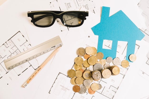 Free photo house blueprint and coins flat lay