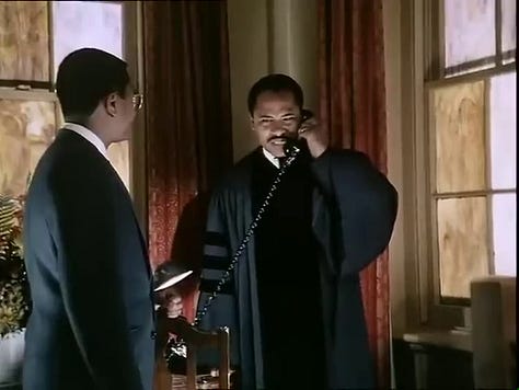 John talking to African diplomats; Robert (with Evelyn Lincoln, played by Veronica Castang) & Martin Luther King, Jr. on a phone call.