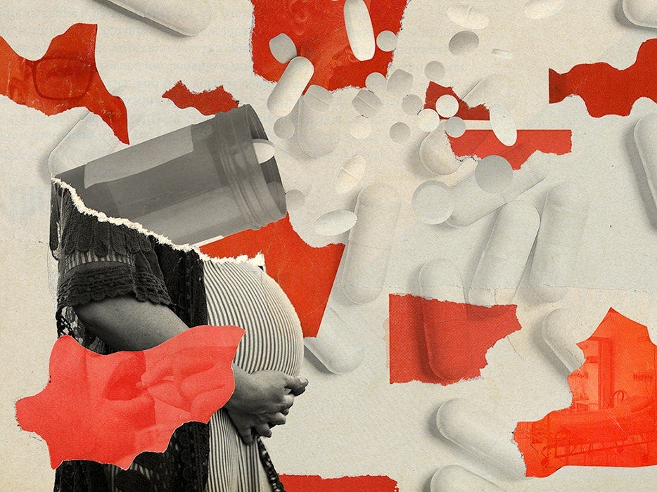 Illustration shows a collage of a pregnant women and medicine pills