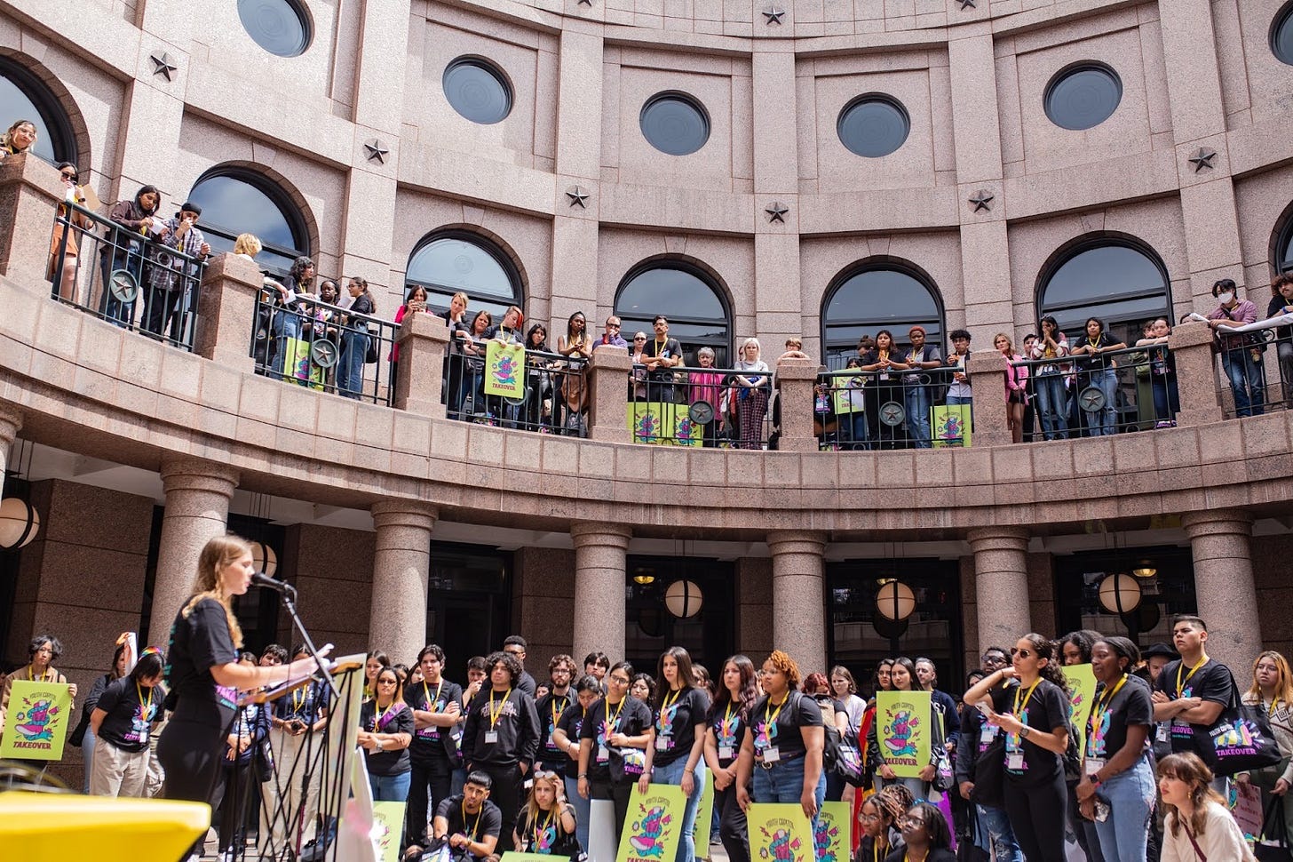 Deeds Not Words Campus Organizer, Caroline "C.C" Crockett speaking at the Youth Capitol Takeover event in 2023 in front of a crowd of around 300 youth. Deeds Not Words Campus Organizer, Caroline "C.C" Crockett speaking at the Youth Capitol Takeover event in 2023 in front of a crowd of around 300 youth.