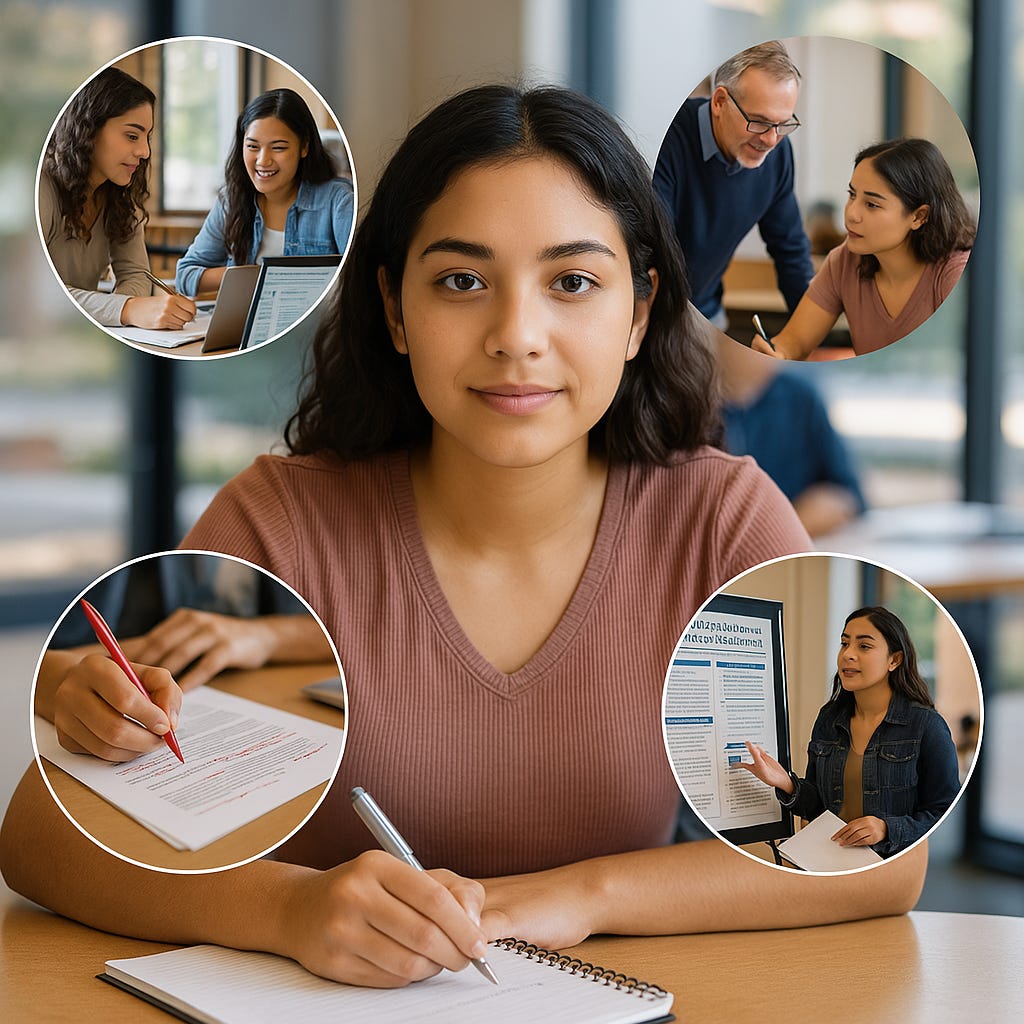 A young Latina community college student sits at the center of a campus scene, focused on writing in a notebook. Surrounding her in a circular composition are photorealistic mini-scenes: a peer review session with classmates, a laptop displaying a brainstorming mind map, a one-on-one meeting with a teacher, a printed essay marked up with revisions, and the student giving a poster presentation.