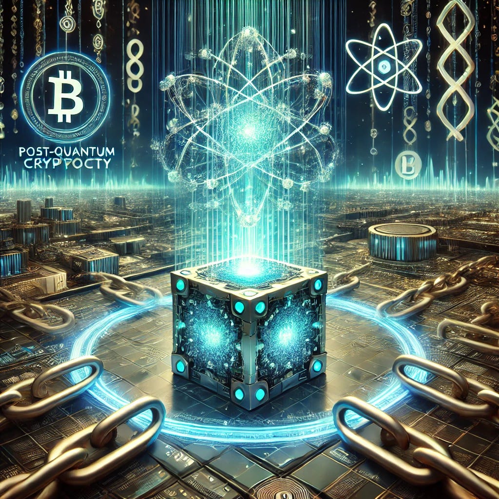 A futuristic digital concept art depicting the intersection of quantum computing, post-quantum cryptography, and blockchain. The image features a glowing quantum computer at the center, emitting intricate blue and green quantum circuits. Around it, there are digital chains representing blockchain, interconnected with cryptographic symbols such as lattice structures and hash functions. The background is a high-tech, cyber-security themed digital landscape with quantum particles floating in the air. The atmosphere is sleek, modern, and high-tech.