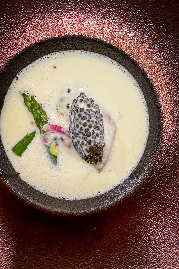 Black Angus Beef with fermented mushroom leaves and the Royal Sturgeon with fermented buttermilk and snacked sea bass escalope