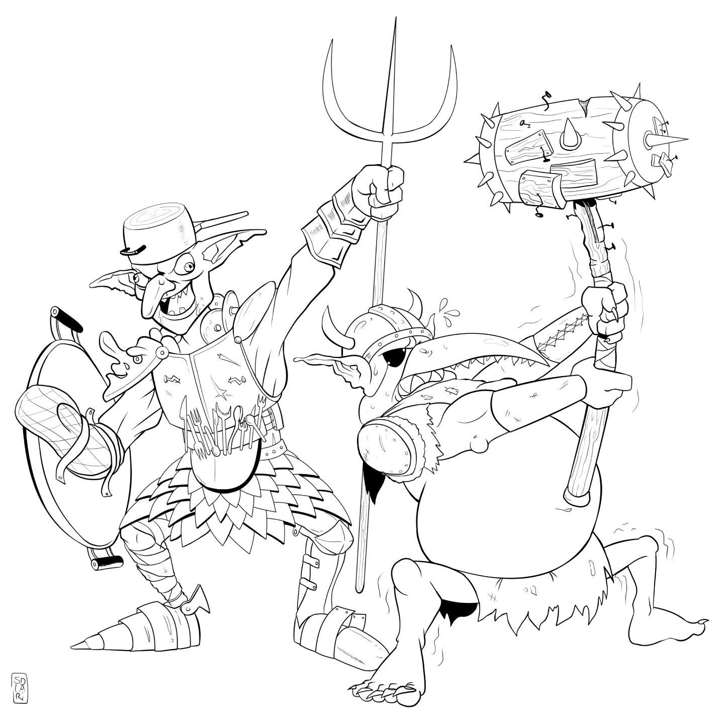 Line art of two evolved goblin fighters. The first wears composite armor made from junkyard scrap, armed with a pitchfork and a pot lid as a shield, while the second desperately tries to wield a giant war hammer too heavy for his physique with both hands.