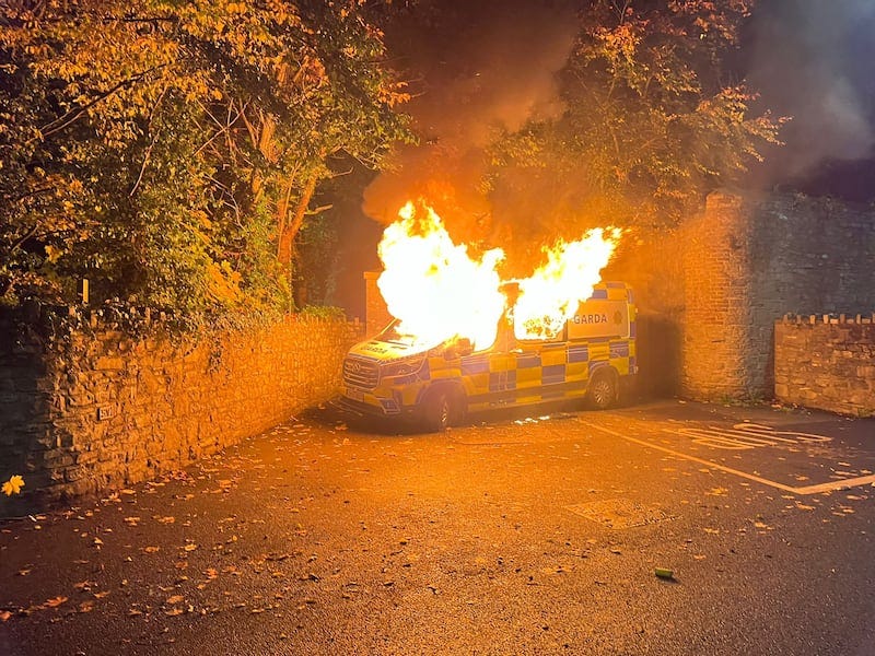 The same van engulfed in flames earlier in the evening. Photograph: Ronan McGreevy