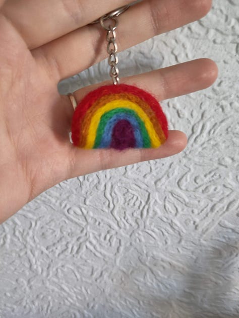 9 pictures of different fiber arts projects including a knit tapestry that says "Protect Trans Youth, a crochet tapestry of a wee ghost, a crochet blanket, a table runner, needle felted keychains, a butterfly cardigan for a little kid, and a blue and white striped cardigan for an adult.