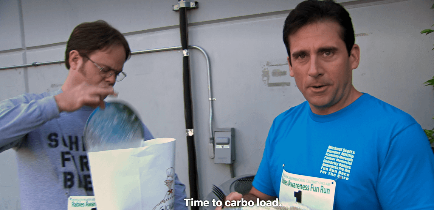 This is the first thing that comes to mind when my running clinic tells us  to carbo-load : r/DunderMifflin