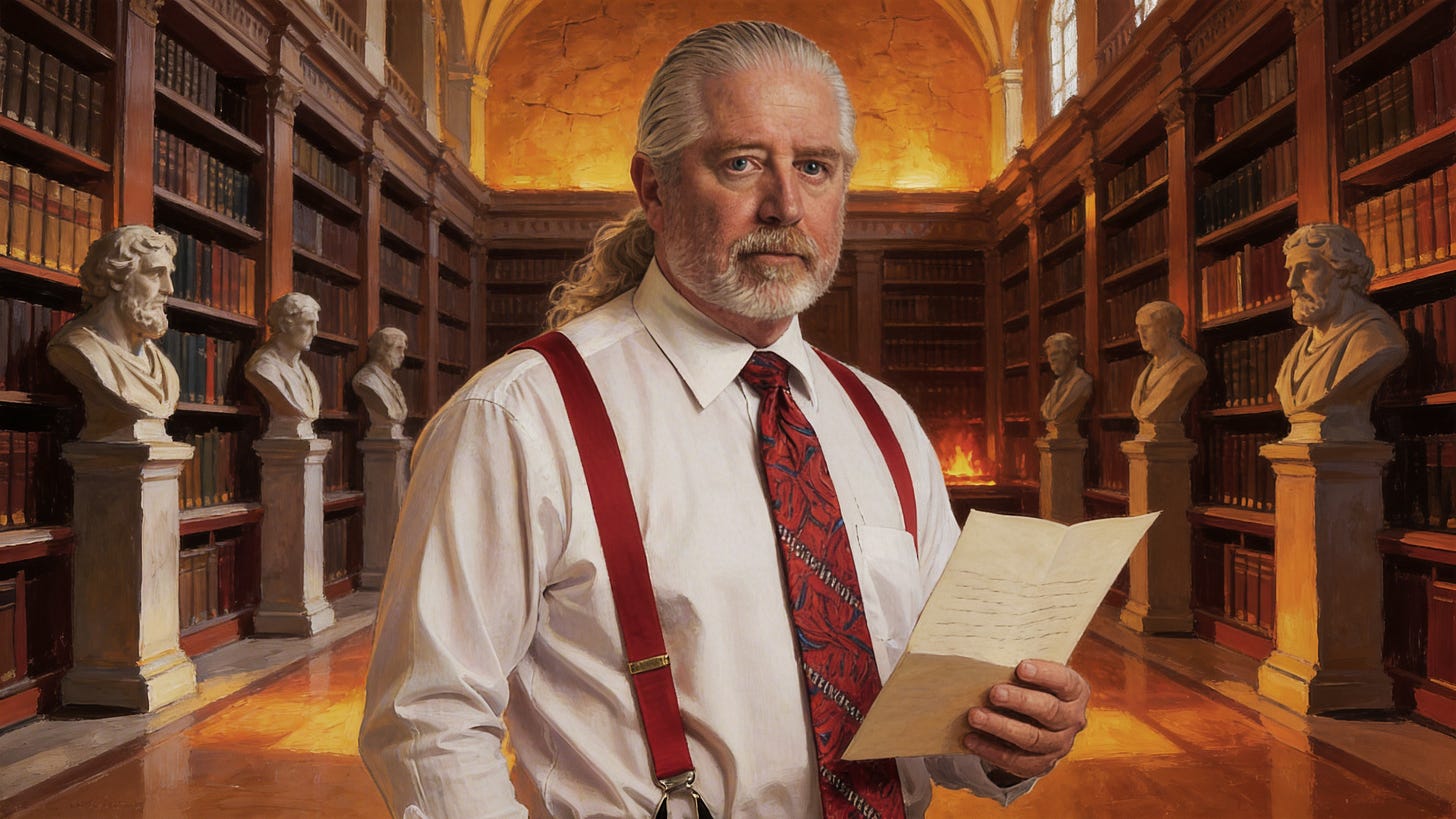 A man with long silver-white hair, red suspenders, and a red tie stands in a grand library holding an open letter. Philosopher busts line the shelves behind him. Warm amber light illuminates the scene.