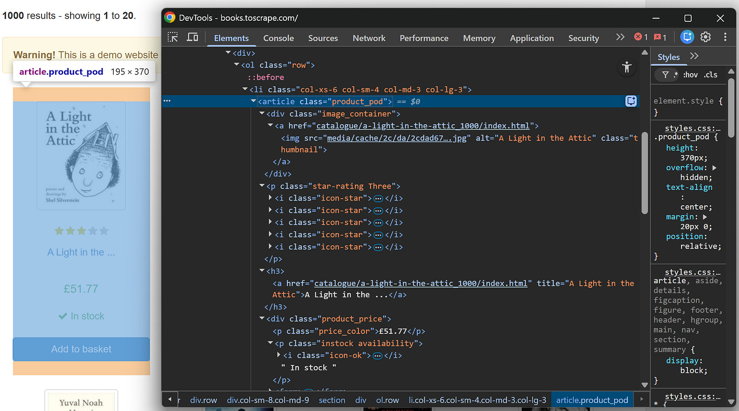 Inspecting a book HTML element