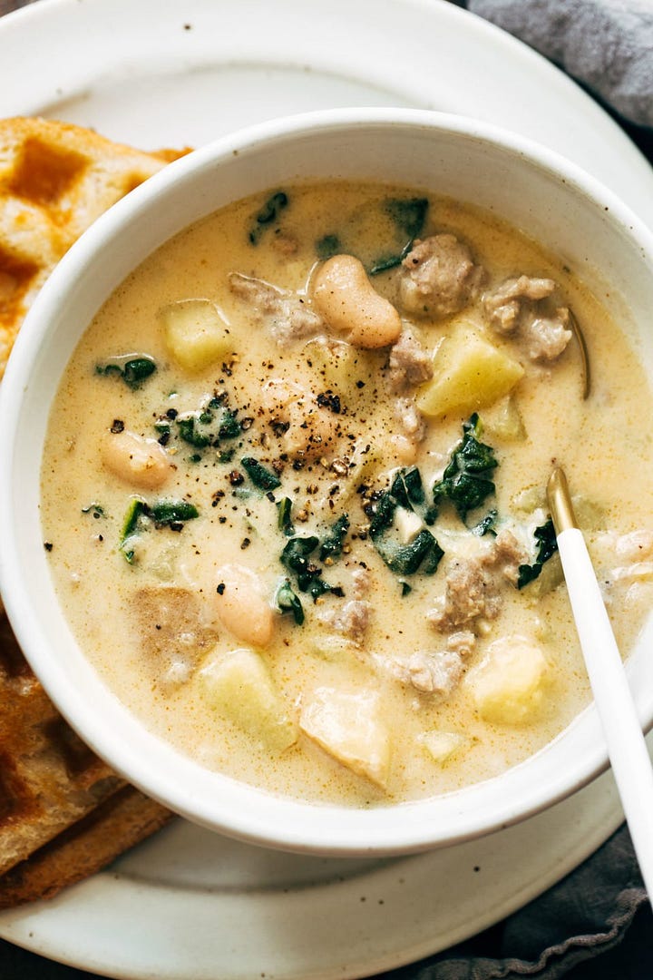 breakfast skillet, pork Carnitas, tortellini soup