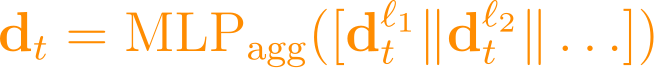 \mathbf{d}_t = \text{MLP}_{\text{agg}}([\mathbf{d}_t^{\ell_1} \| \mathbf{d}_t^{\ell_2} \| \ldots])