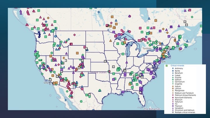 USGS map of U.S. mines, deposits, and districts where critical minerals are found.
