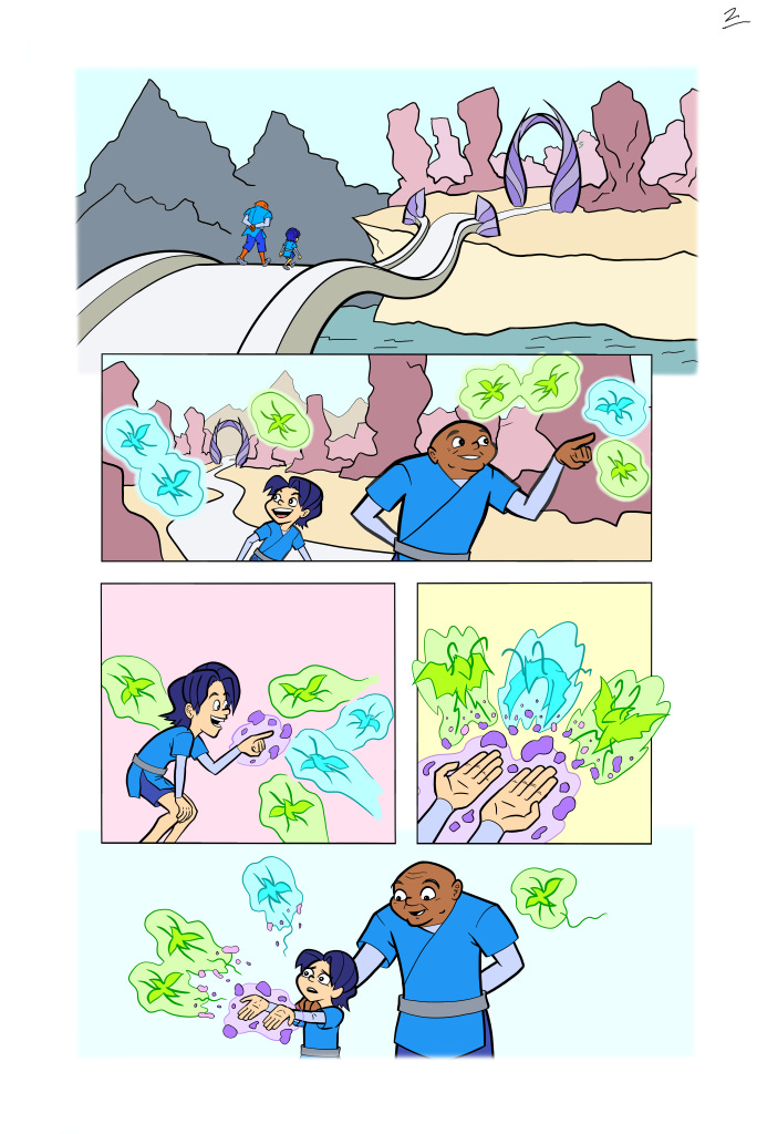 A comic page of Solaa and her mentor walking through otherwordly gardens.