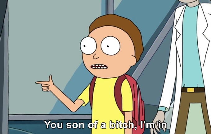 Rick and Morty meme featuring Morty pointing with the caption “You son of a bitch, I’m in.” Used to represent Shopify merchants eagerly committing after finding content that explains how to handle specific scenarios relevant to their business.