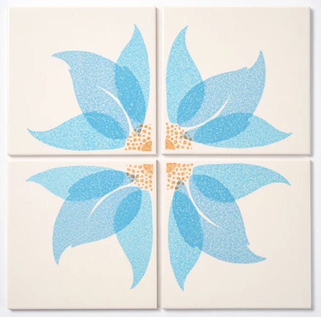 4-square floral wall tile with white background and blue flower