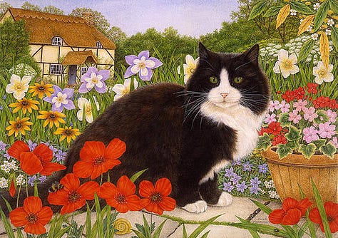 Six artworks depicting cats in different styles, including cats cuddling, sitting beside coffee and books, lounging at a table, drawing, posed with a historical figure, and dressed as a formal pair. The collage highlights four artists’ contrasting approaches to portraying cats.