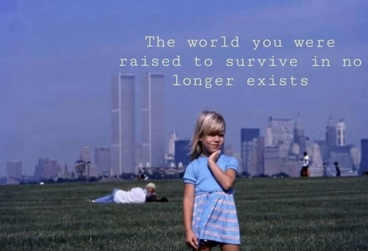 photography - What is the origin of this photo of a young girl with the  caption "The world you were raised to survive in no longer exists"? -  Skeptics Stack Exchange