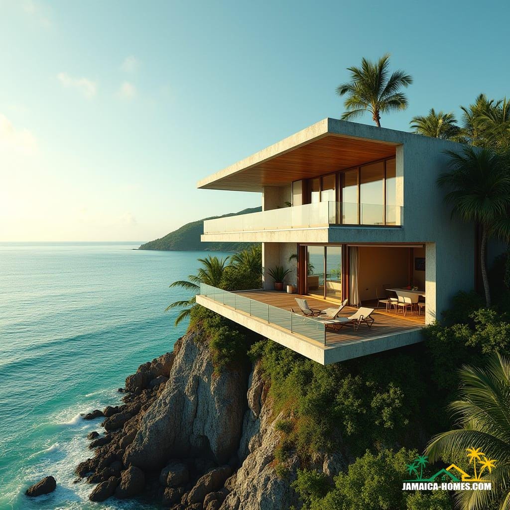 Elevated on a rugged Jamaican coastline, a sleek modern 4-storey steel frame beach home stands, its clean lines and minimalist aesthetic juxtaposed against the island's lush tropical landscape, as the warm Caribbean sun casts a golden glow on the property's angular silhouette, with protruding balconies that seem to defy gravity, inviting the viewer to gaze out at the endless turquoise expanse, reminiscent of a Wes Anderson film set, infused with the vibrant colors and textures of a modernist architectural masterpiece, as if shot by the renowned cinematographer Emmanuel Lubezki, using a Panavision anamorphic lens, with a shallow depth of field, subtle film grain, and a nuanced color palette, characterized by warm earthy tones, deep blues, and creamy whites, all blending together in perfect harmony, like a symphony of light and shadow, as the camera lingers on the intricate play of textures and patterns, from the rustling palm fronds to the rough-hewn wooden accents, all while the air is alive with the sweet songs of tropical birds, and the distant surf whispers a soothing melody, evoking the carefree essence of a Caribbean hideaway, where time stands still, and the boundaries between reality and fantasy blur.