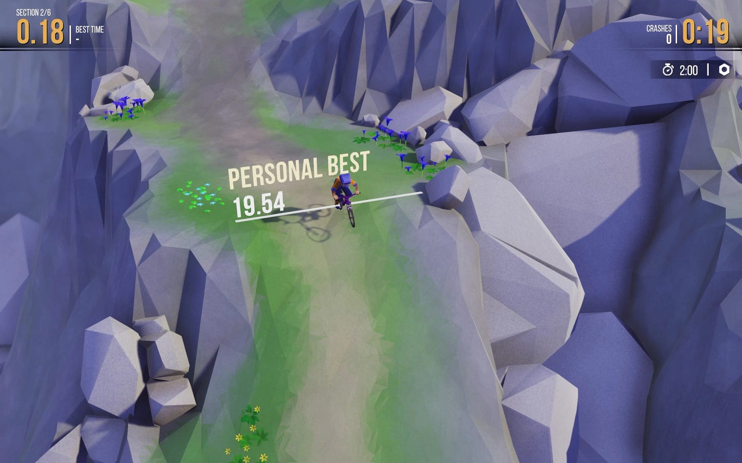Lonely Mountains: Downhill Crossing the checkpoint of a downhill ride with a personal best time displaying.