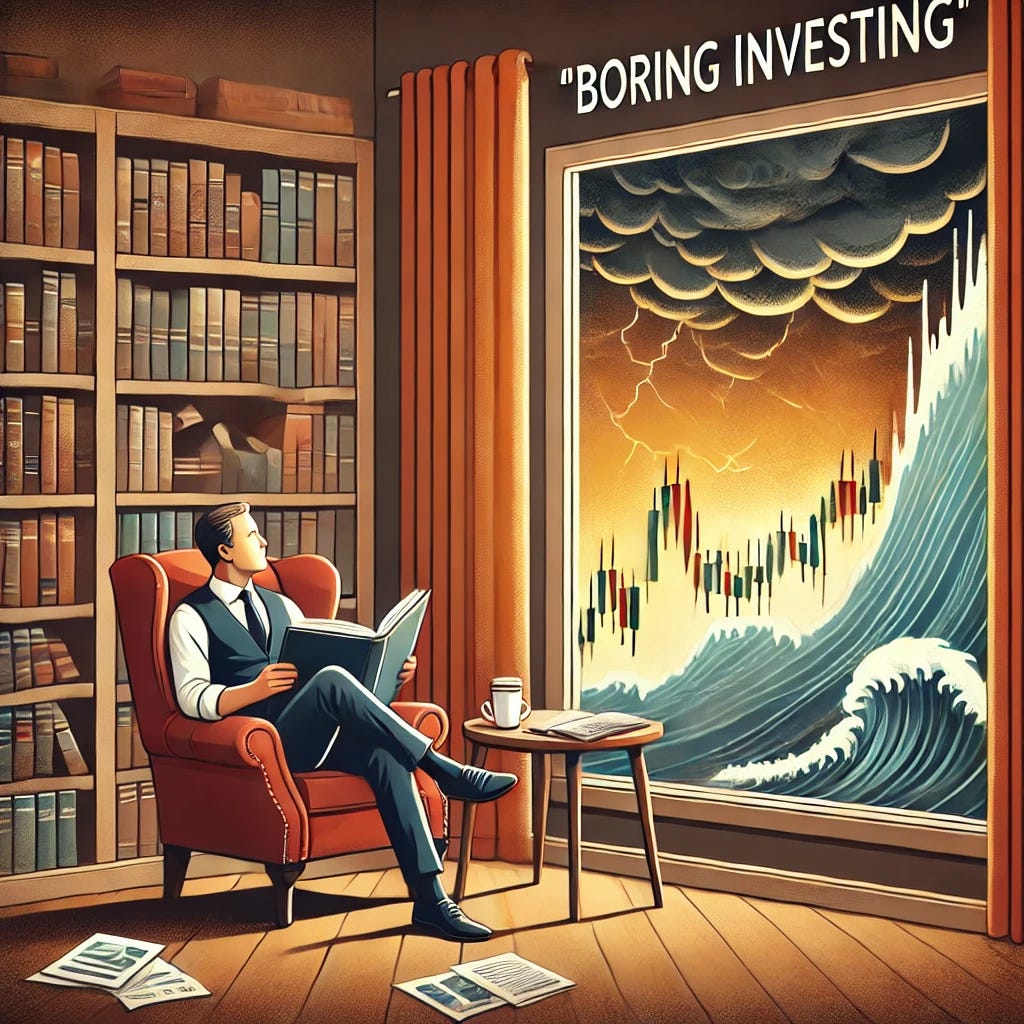 A conceptual illustration representing the idea that good investments are often 'boring investing.' The image features an investor sitting calmly in a cozy library or office, reading financial reports with a cup of coffee, while outside the window, a storm of market chaos unfolds with stock charts fluctuating wildly. The investor remains composed and focused, symbolizing the steady, disciplined approach to long-term investing. The color scheme is warm and neutral, emphasizing stability.