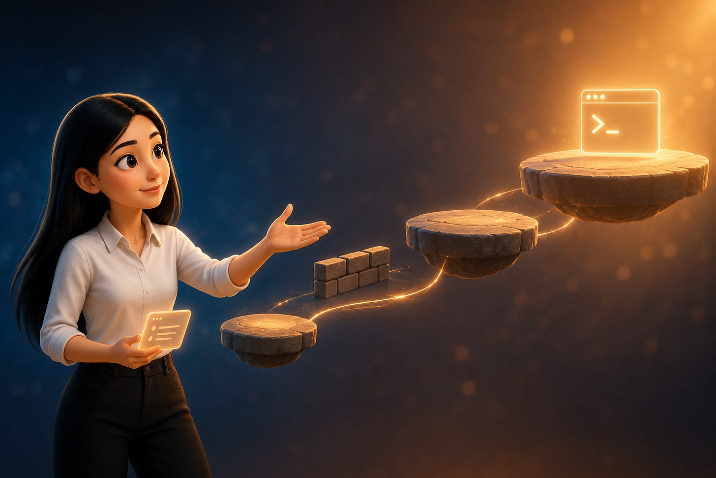 Pixar-style 3D illustration of Jenny Ouyang from Build to Launch holding a small glowing spec card and gesturing toward three stepped floating platforms with a stone wall between the first two and an autonomous terminal glowing on the third, representing the vibe coding roadmap from first prompt to shipped system