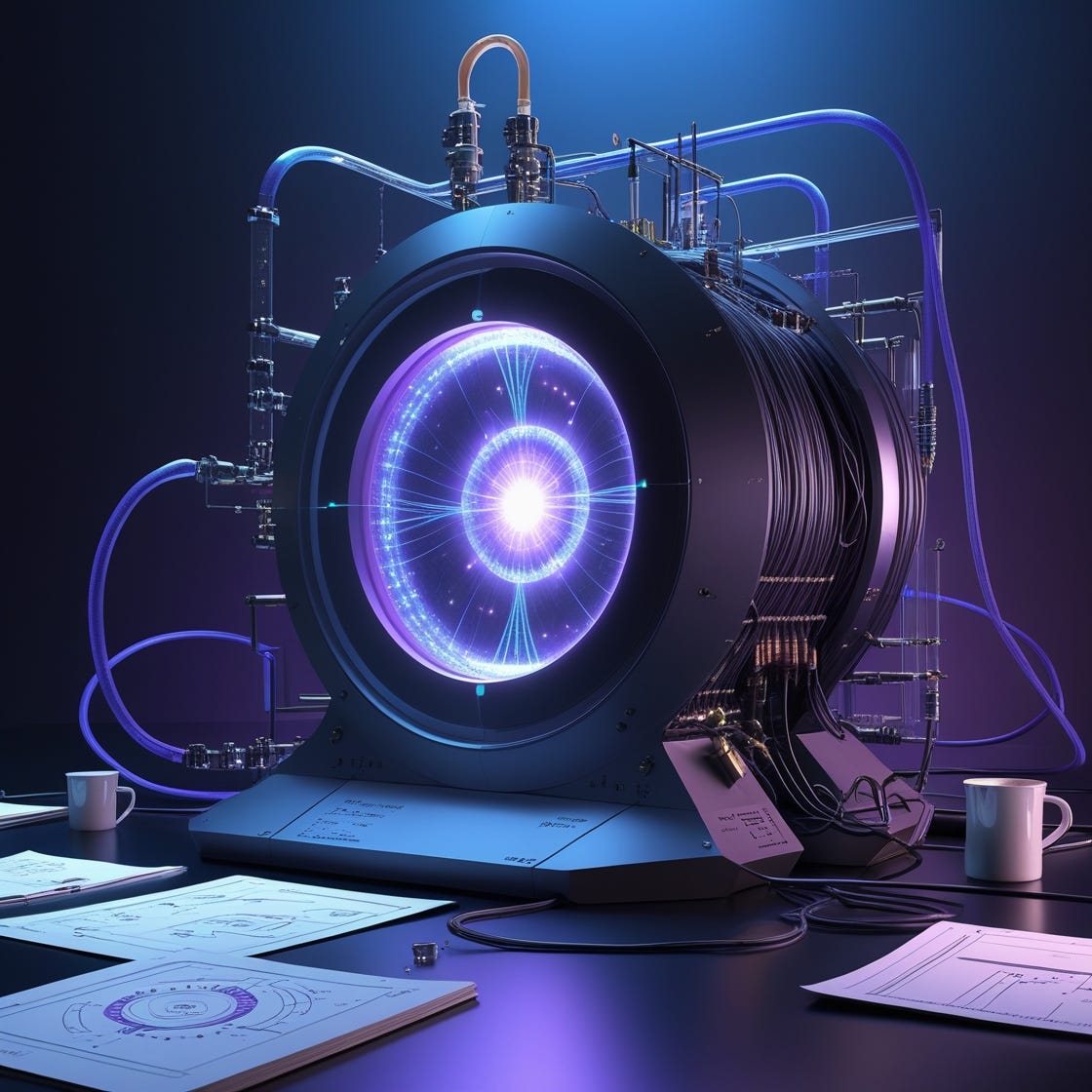 A futuristic laboratory scene featuring a large, sleek superconducting quantum computer at its center, with a mesmerizing glow emanating from its core, surrounded by a halo of soft, blue-purple light, set against a dark, gradient background that transitions from deep blues to purples, evoking a sense of innovation and groundbreaking research, with various cables, wires, and cryogenic pipes weaving in and out of the device, giving a sense of complexity and cutting-edge technology, and in the foreground, a few scattered papers, journals, and diagrams with intricate circuit diagrams and formulas, with a few subtle, scattered espresso cups and laptops hinting at the hard work and dedication of the researchers, all rendered in a highly detailed, realistic style with subtle, nuanced textures and shading.