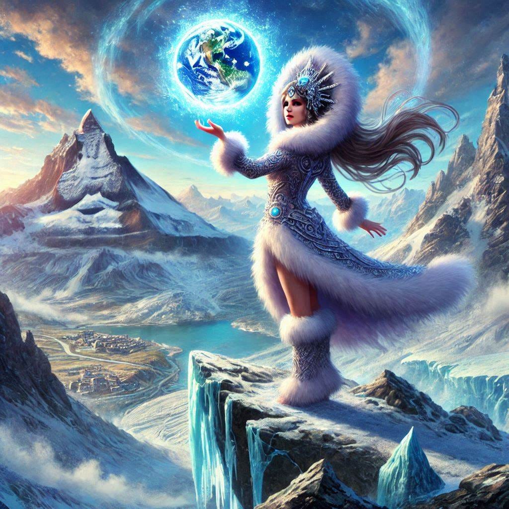 The beautiful Goddess Gaia dressed like an inuit standing on the top of a mountain summons the great glaciers to create a new ice age. Digital art
