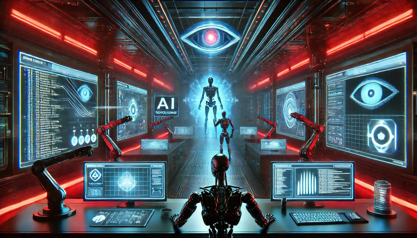A futuristic, cyberpunk-style control room with AI-powered developer tools managing a DevOps pipeline. The scene is inspired by the Terminator movies, featuring glowing red interfaces, robotic arms automating code deployments, and a central AI system overseeing the process. The atmosphere is dark and intense, with a mix of blue and red neon lights. A subtle reference to the Terminator franchise, such as a robotic eye or metallic humanoid silhouette in the background, adds a sci-fi touch.