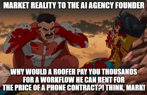 Meme about AI agency pricing, questioning why clients would overpay for easily available automation. Meme about AI agency pricing, questioning why clients would overpay for easily available automation.