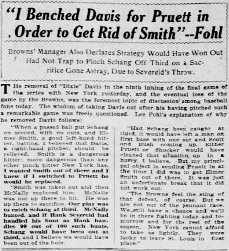 1922 Lee Fohl Browns Yankees Controversy