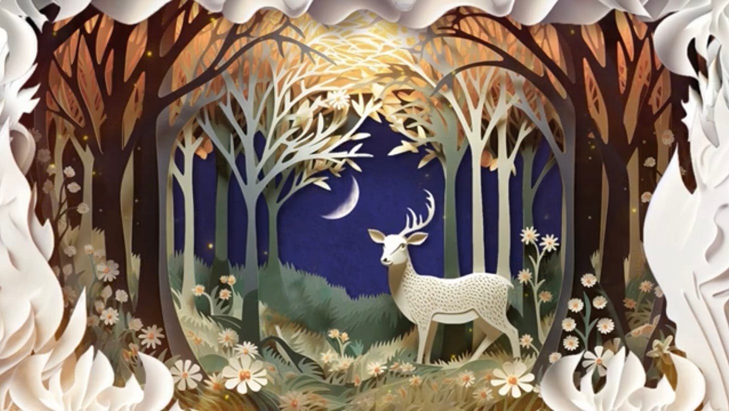 A later frame in the same animation, in which the stag now lacks an antler and the Moon is now in the sky beyond, as if the antler has become the Moon A later frame in the same animation, in which the stag now lacks an antler and the Moon is now in the sky beyond, as if the antler has become the Moon