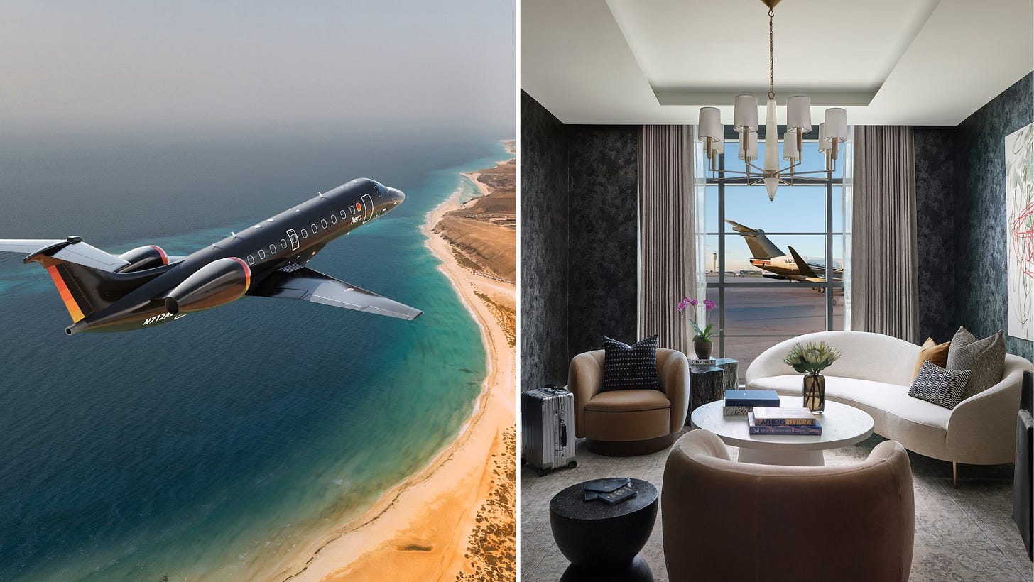 From left: Aero jet service to Los Cabos; a private suite at the recently opened PS ATL in Atlanta.