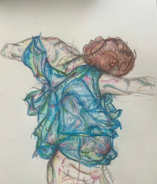 Colored pencil sketch of the same image on the book cover above. The woman appears from the back and we see her from her head down to her lower back, also with reddish brown hair and a teal flowy top, which has highlights in pale green and a bit of pink Colored pencil sketch of the same image on the book cover above. The woman appears from the back and we see her from her head down to her lower back, also with reddish brown hair and a teal flowy top, which has highlights in pale green and a bit of pink