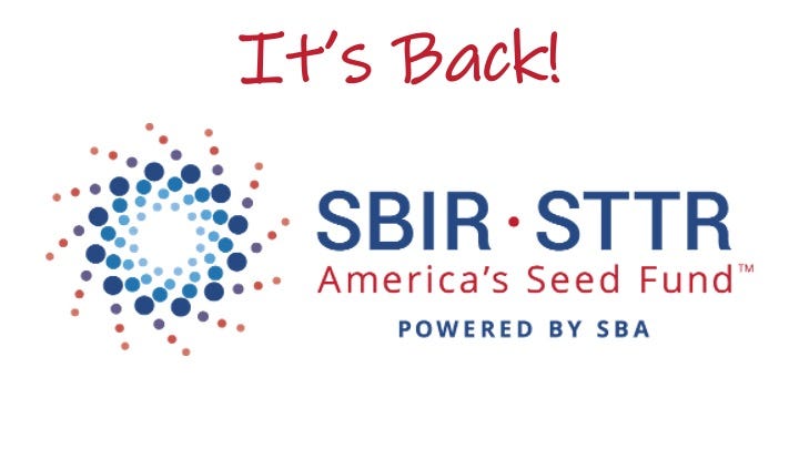 Picture of SBIR/STTR logo with the words" It's Back!"