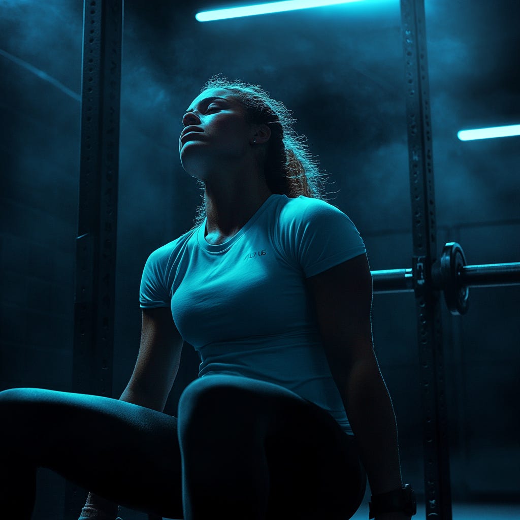 Fit, strong, healthy young woman is exhausted from low carbs is resting in the gym wearing light blue gym shirt. Fit, strong, healthy young woman is exhausted from low carbs is resting in the gym wearing light blue gym shirt.