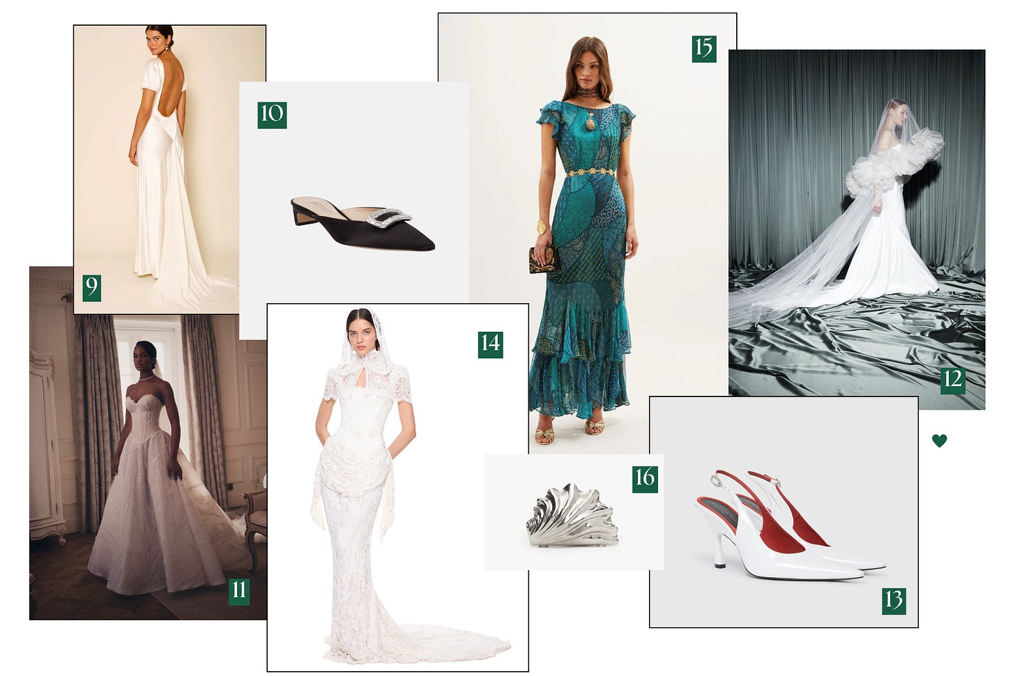 Collage of British designer bridal and occasion looks featuring a satin open-back wedding gown (9), black pointed-toe mules with crystal buckle (10), strapless ball gown wedding dress (11), dramatic off-shoulder wedding gown with tulle sleeves and long veil (12), white slingback heels with red lining (13), vintage-inspired lace bridal gown with high neckline and veil (14), teal patterned ruffle maxi dress (15), and a silver seashell-shaped clutch (16).