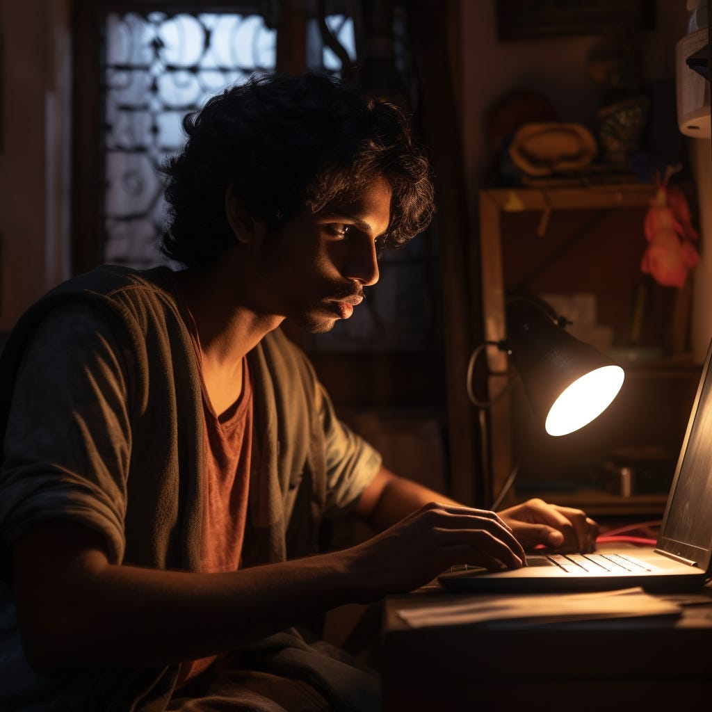 Photo of an Indian university student on his laptop under the light of his lamp. Generated by Midjourney.