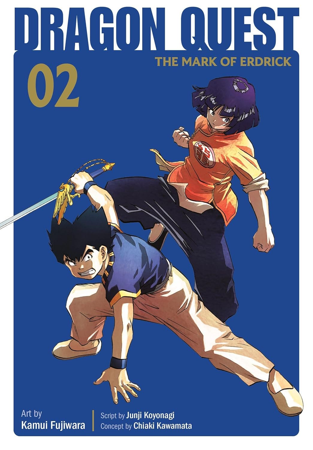 Cover of Dragon Quest: The Mark of Erdrick Volume 2 featuring two determined characters in dynamic poses, one wielding a golden sword and the other ready to strike with a fist. The bold blue background contrasts with their brightly colored outfits, while the title and volume number are displayed prominently at the top.