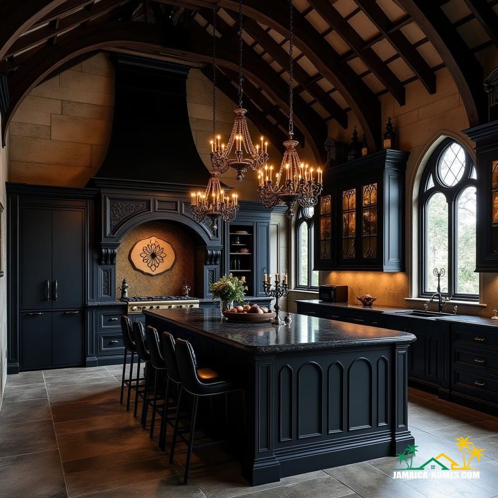 A state-of-the-art gothic kitchen in Jamaica combines the rich, dramatic aesthetic of gothic design with modern culinary technology, tailored to the island's tropical environment.