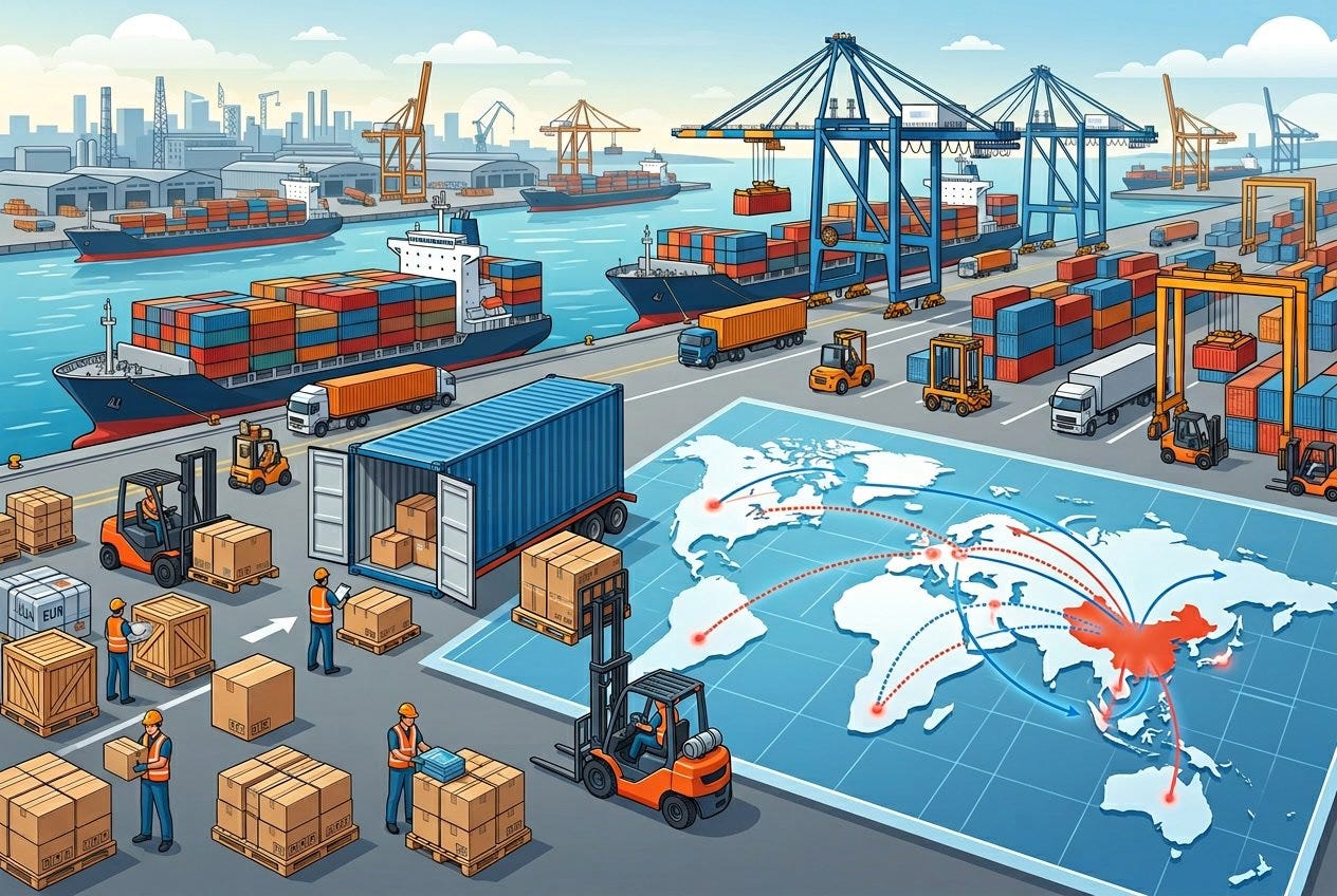 A busy port showing cargo ships, cranes loading containers, a map highlighting China with shipping routes, and trucks moving goods. A busy port showing cargo ships, cranes loading containers, a map highlighting China with shipping routes, and trucks moving goods.