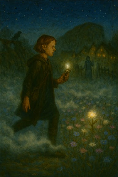 A dreamlike fantasy image of Arabelle's vision. Arabelle, resembling Cailee Spaeny with elfin features—petite build, soft facial structure, luminous eyes, and chestnut hair—tiptoes through swirling mist. The fog parts to reveal a field of glowing flowers, each one whispering a wish. She gently picks one, and it glows in her hand. The light reveals a vision: a village rebuilt, peaceful and warm, with her mother standing at the gate, arms open, calling her name. Behind her mother, the hill crumbles and the Wall is gone, replaced by open sky and green earth. The atmosphere is tender and magical, with soft dawn light and pastel hues of rose, ivory, and lavender.