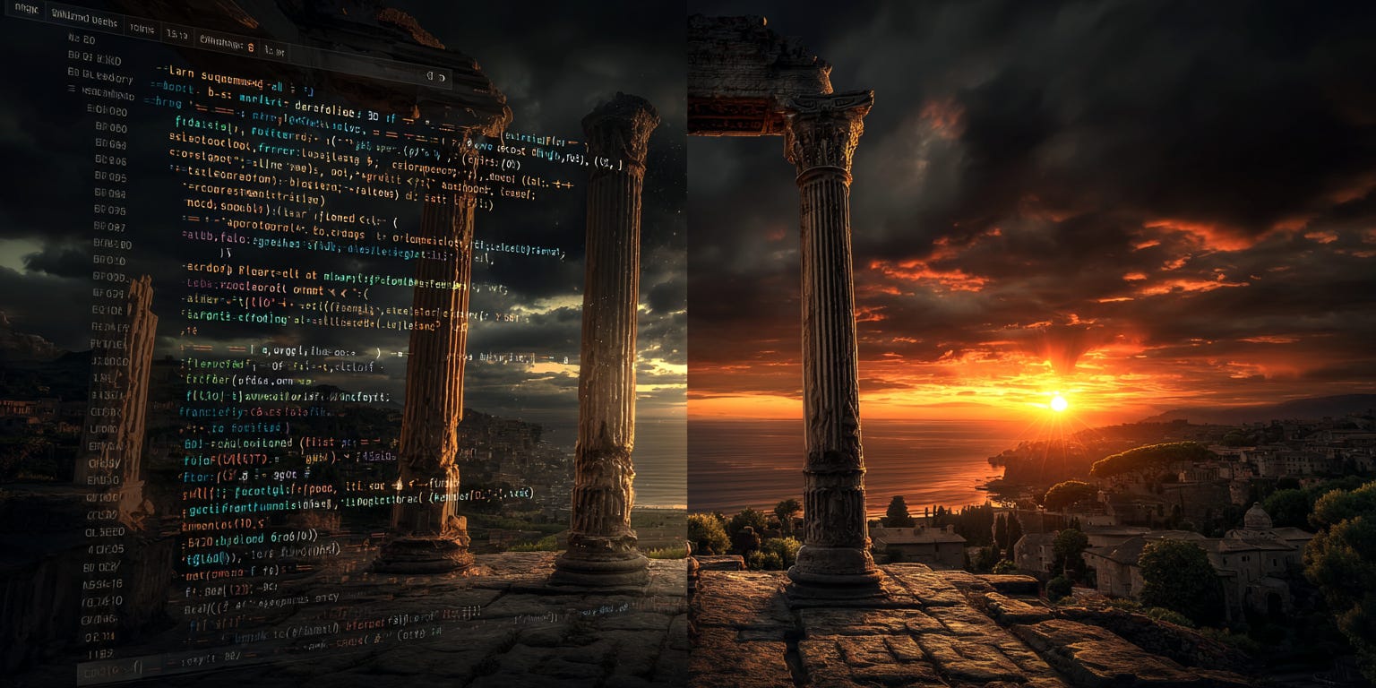 A split-screen composition: left side shows ancient Roman marble columns and architecture in warm golden light, right side shows modern computer code flowing like digital waterfalls in cool blue light, with a subtle transition zone in the middle where the marble texture gradually transforms into circuit board patterns, cinematic lighting, high contrast, photorealistic, architectural photography style