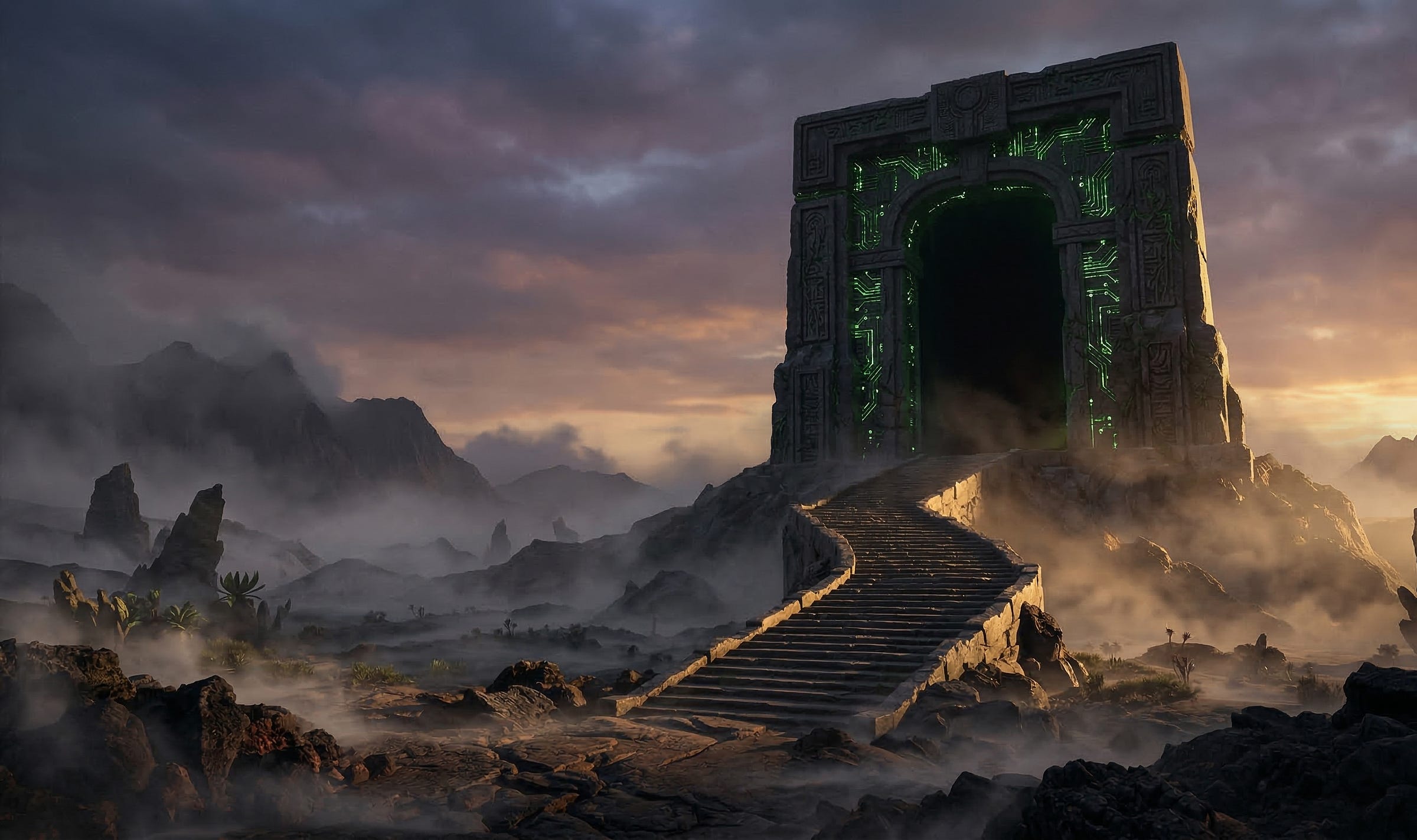 A massive ancient stone gateway carved with glowing green circuit patterns, reached by a winding stone staircase through a misty mountain landscape at dusk