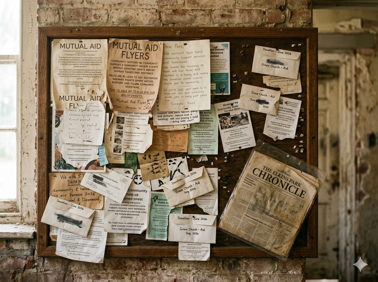 A weathered cork bulletin board covered in layered mutual aid flyers, church donation envelopes, and handwritten community notices, hanging on a brick wall in natural window light. A folded local newspaper is pinned in the lower right corner.