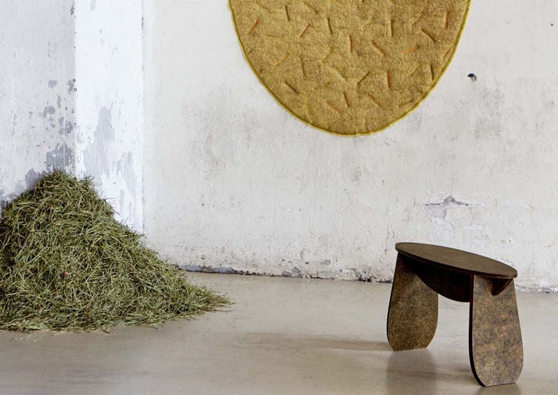 A pile of pine needles sits on a shiny concrete floor, with a bench made of “Forest Wool”, a material created by Tamara Orjola using the pine needles. A circular work in gold-yellow hangs on the roughly whitewashed wall also made from Forest Wool.