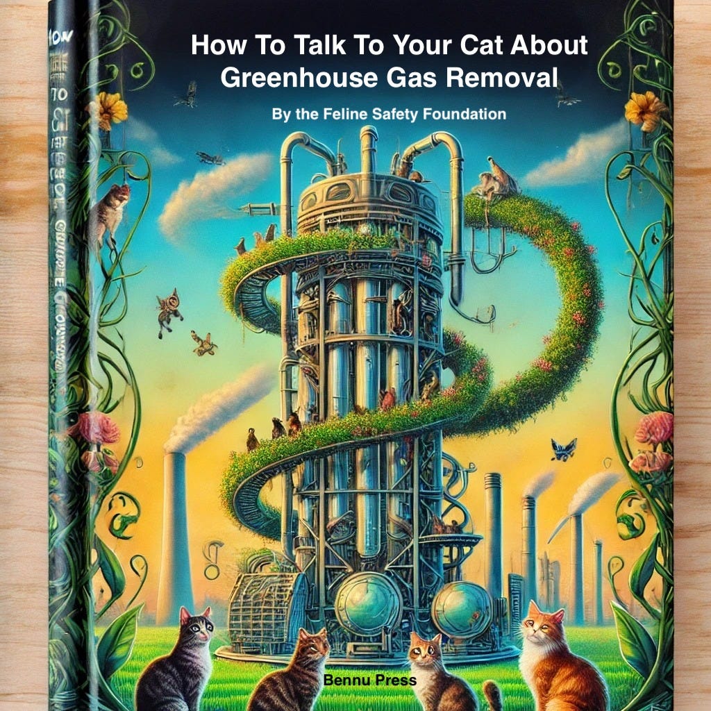 An illustrated book cover titled "How To Talk To Your Cat About Greenhouse Gas Removal, by the Feline Safety Foundation", showing cats around a vine-covered industrial tower.