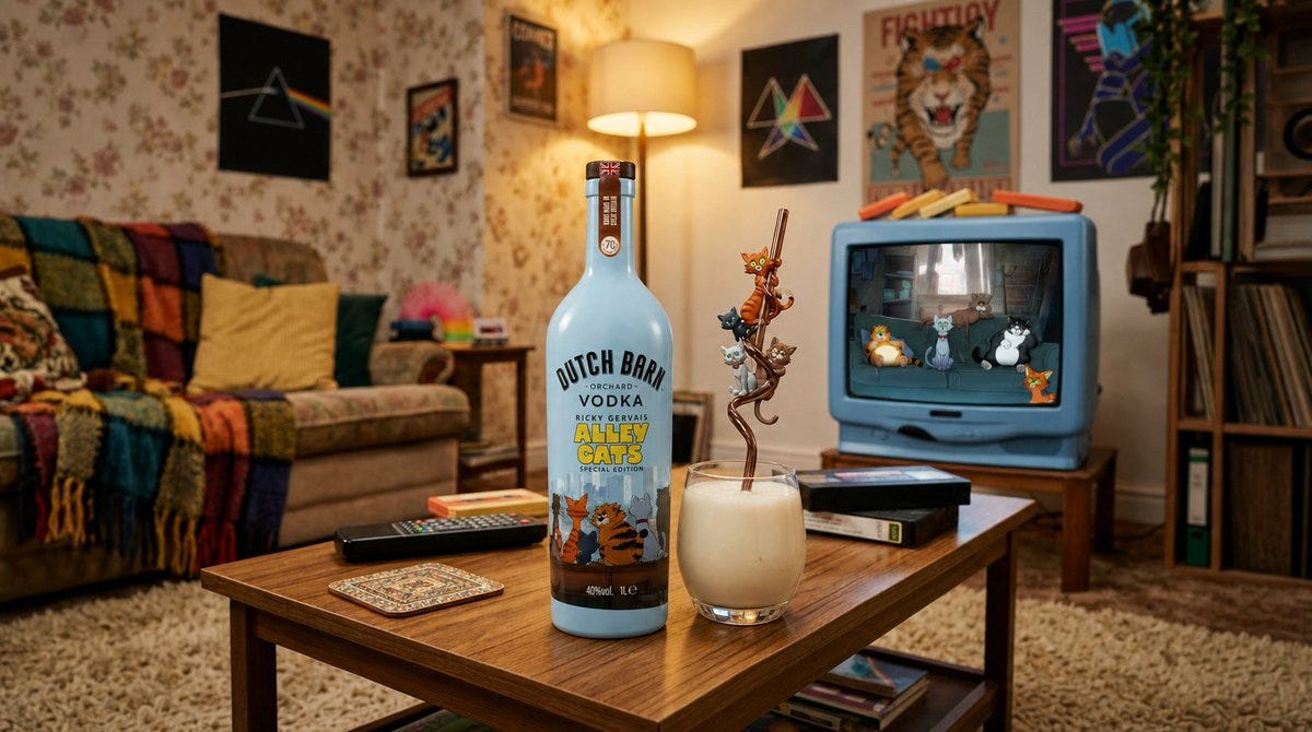 THE CATS ARE OUT. THE BOTTLE IS IN. 🐈🍸 Ricky Gervais' new Netflix series, Alley Cats, is out and we've made a special-edition Dutch Barn Vodka bottle to mark the occasion. It's THE CATS ARE OUT. THE BOTTLE IS IN. 🐈🍸 Ricky Gervais' new Netflix series, Alley Cats, is out and we've made a special-edition Dutch Barn Vodka bottle to mark the occasion. It's