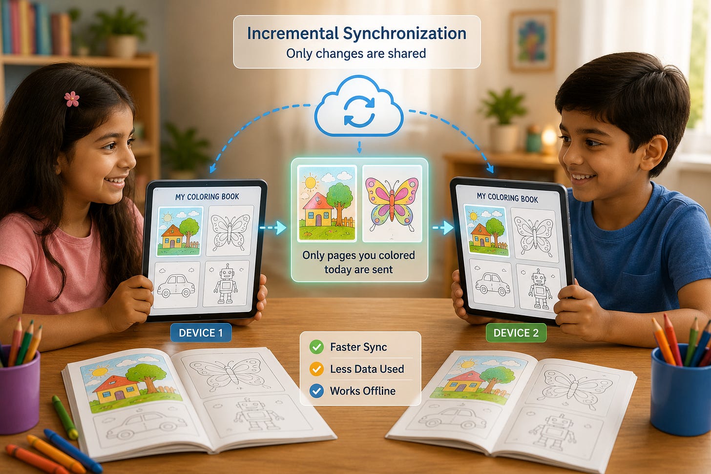 Two children share only newly colored pages between digital coloring books to illustrate incremental synchronization. 