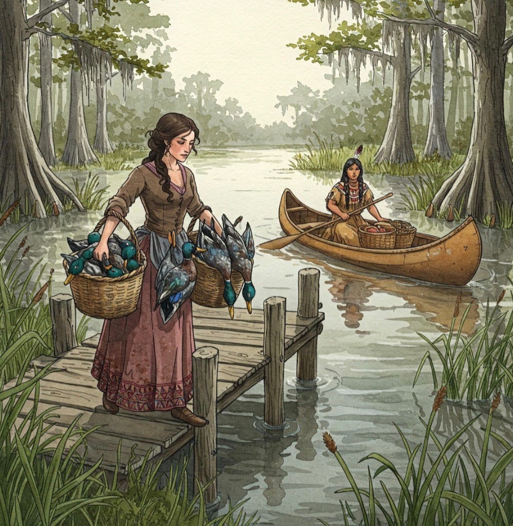 Image of woman with baskets of Blue Teal docks from a recent hunt to be delivered to a Chitimacha woman in a canoe. Image of woman with baskets of Blue Teal docks from a recent hunt to be delivered to a Chitimacha woman in a canoe.